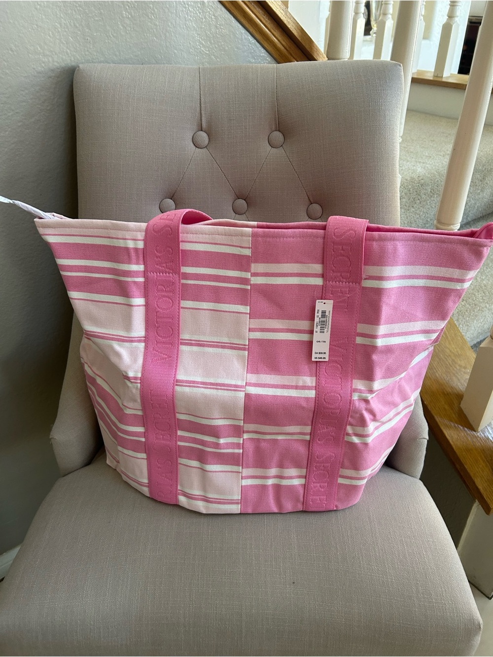 Victoria's Secret Pink and White Striped Canvas Tote